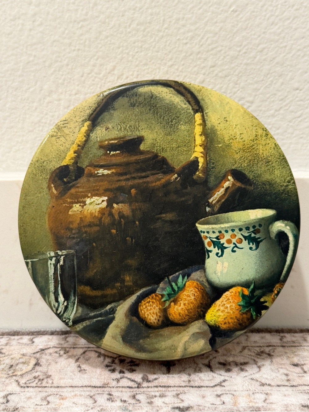 Decorative Still Life Tin with Lid - Brown Teapot & Strawberries